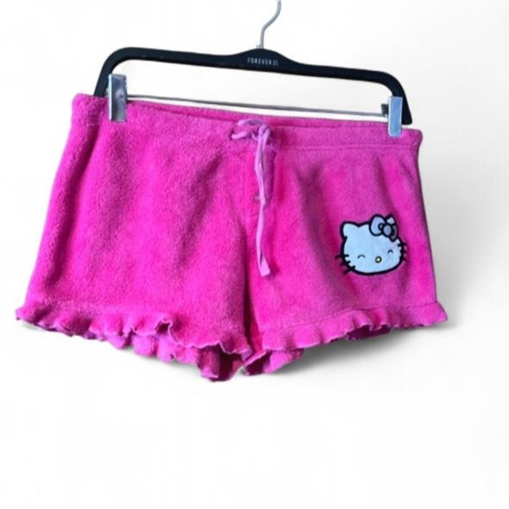 Hello Kitty Sanrio Vintage Y2K Pink Fuzzy Plush Lounge Shorts Ruffle Hem Large